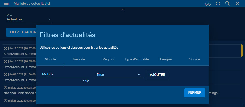 Application de filtres aux actualités pour affiner une recherche lorsqu’en mode d’affichage Actu